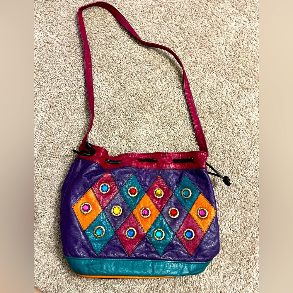 VINTAGE 100% Genuine Leather Colorful Patchwork Shoulder Bucket Bag 1980s RARE